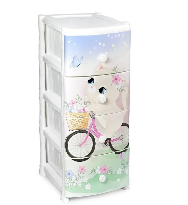 Детский пластиковый комод для игрушек вещей одежды девочки на 4 ящика VIOLET 352143 белый с рисунком - фото 1 - id-p217515017