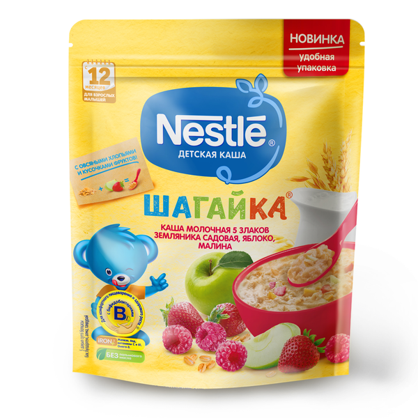 Каша Nestle шагайка 5 злаков земляника яблоко малина молочная дой-пак 190г - фото 2 - id-p223345068