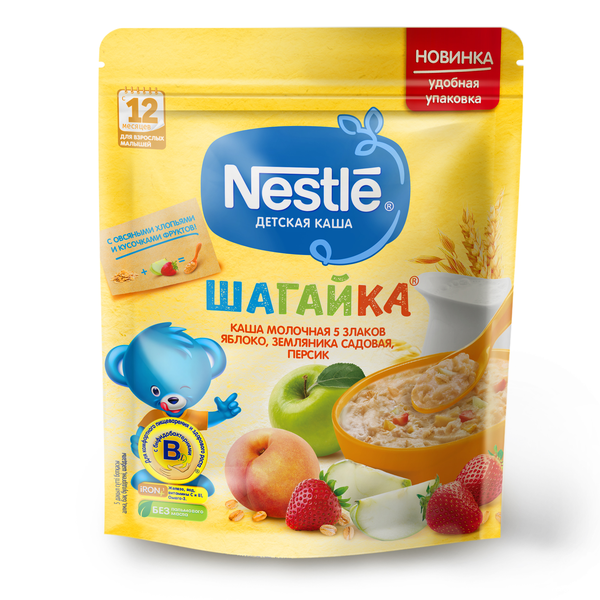 Каша Nestle шагайка 5 злаков яблоко земляника персик молочная дой-пак 190г - фото 2 - id-p120018833