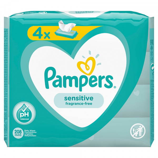 Салфетки влажные Pampers Sensitive Quadro 4х52шт(цена за 52шт) - фото 2 - id-p167931717