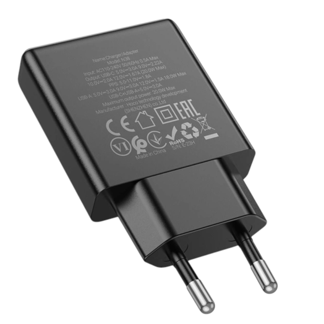 Сетевое зарядное устройство HOCO N38 USB + Type-C QC3.0 + PD20W (Быстрая зарядка) черное - фото 4 - id-p225767966