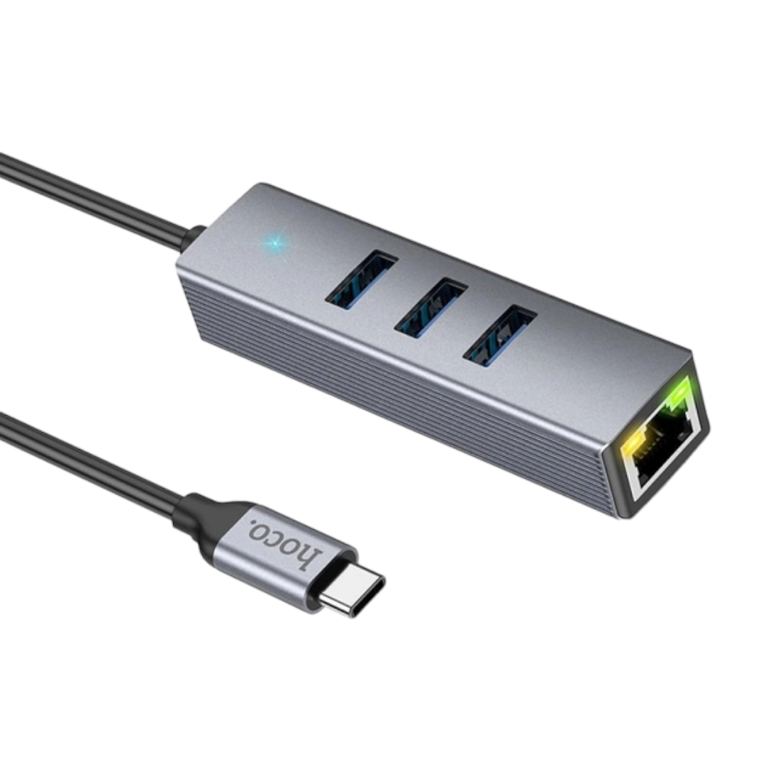 Сетевой адаптер USB Hoco HB34 (LAN 1000 Мбит/с + 3хUSB 3.0) - фото 3 - id-p225767967