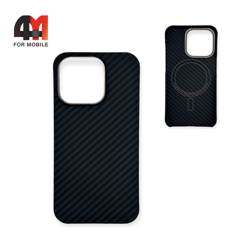 Чехол Iphone 15 Plus пластик, кевлар+MagSafe, черного цвета - фото 1 - id-p226621509