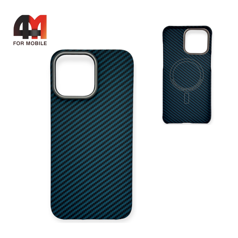 Чехол Iphone 15 Plus пластик, кевлар+MagSafe, синего цвета - фото 1 - id-p226621479