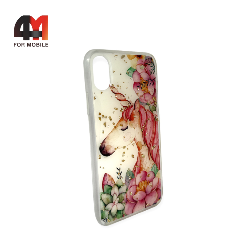 Чехол Iphone X/Xs силиконовый с рисунком, единорог, розового цвета - фото 1 - id-p226624193