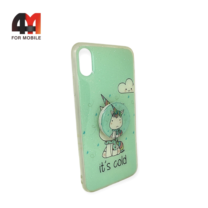 Чехол Iphone Xs Max силиконовый, с попсокетом, единорог, зеленого цвета - фото 1 - id-p226621480