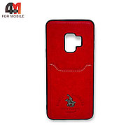 Чехол Samsung S9 силиконовый, кожа кармашек, красного цвета