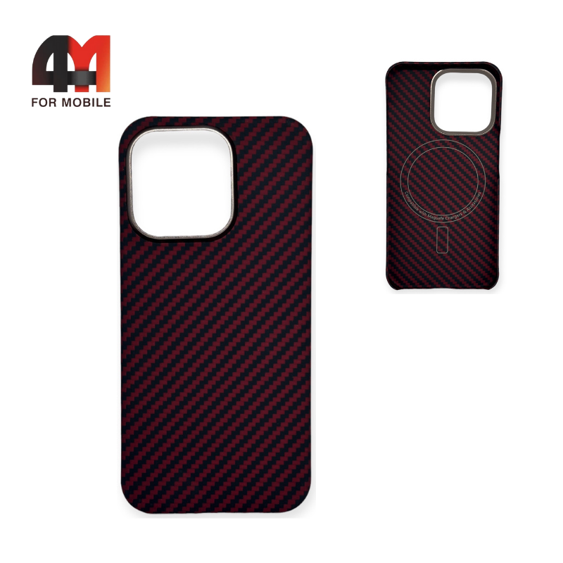 Чехол Iphone 15 Pro пластик, кевлар+MagSafe, красного цвета - фото 1 - id-p226621668