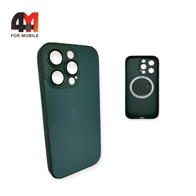 Чехол Iphone 14 Pro Max пластиковый, Glass Case + MagSafe, темно-зеленого цвета - фото 1 - id-p226617250