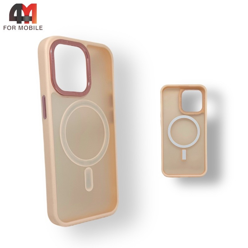 Чехол Iphone 15 пластиковый с усиленной рамкой + MagSafe, пудрового цвета, Protective Case - фото 1 - id-p226617284