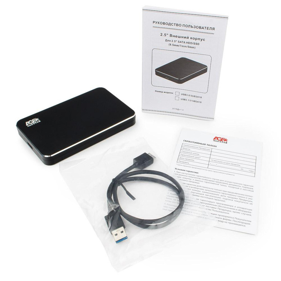 AgeStar 3UB2A18 (BLACK) USB 3.0 Внешний корпус 2.5" SATA , алюминий+пластик, черный - фото 1 - id-p226643070
