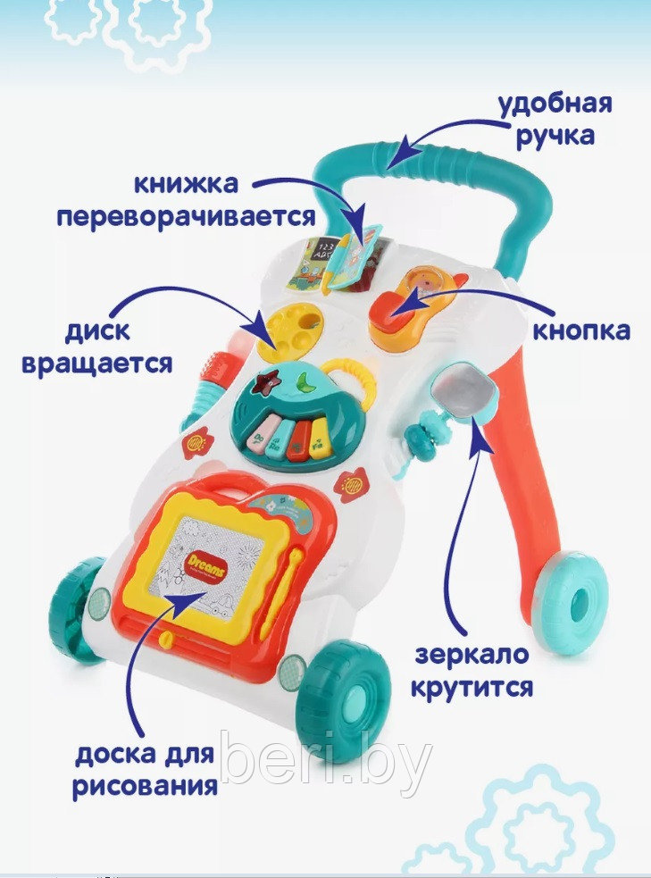 HE0819 Игровой развивающий центр, каталка-ходунки Music Walker, свет, звук, съемные игрушки, ходилка с ручкой - фото 2 - id-p117397882