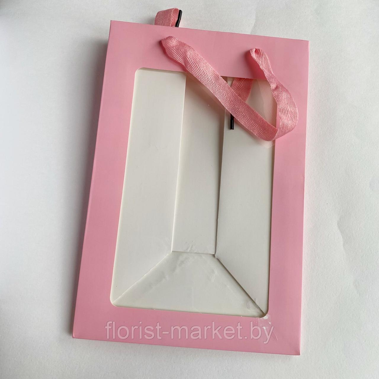 Уценка Пакет прямоугольный подарочный с окошком, 20*30*16 см, Розовый