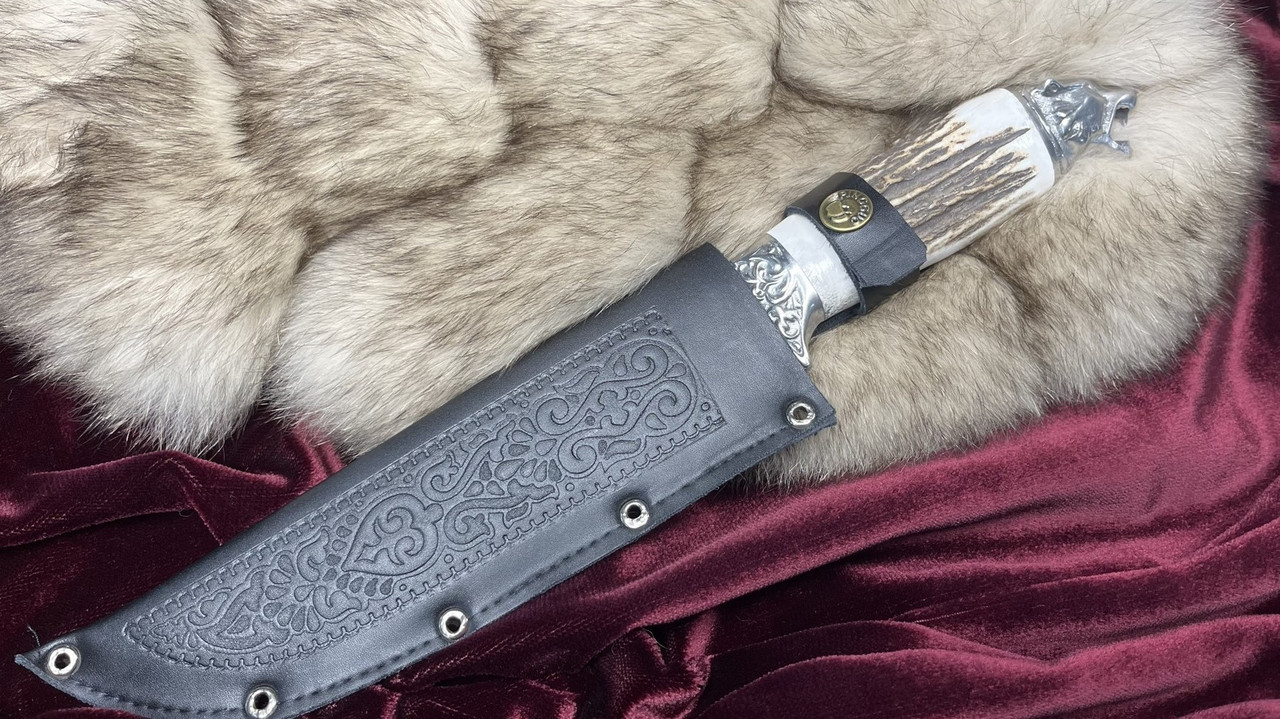 Охотничий нож с Головой Зверя (Тигр), рукоять из белого рога Сайгака, с чехлом - фото 5 - id-p199878065