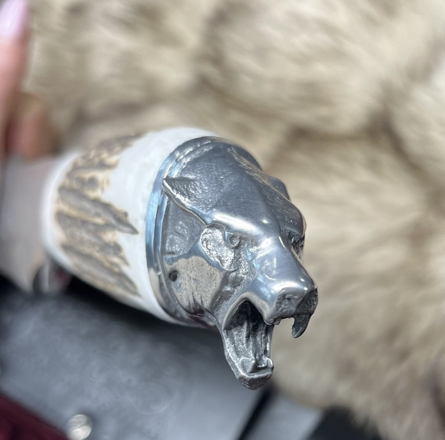 Охотничий нож с Головой Зверя (Тигр), рукоять из белого рога Сайгака, с чехлом - фото 6 - id-p199878065