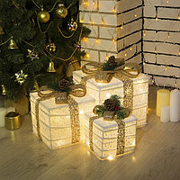 Светодиодная фигура «Подарки с бежевой лентой» 15, 20, 25 см, текстиль, металл, 220 В, свечение тёплое белое