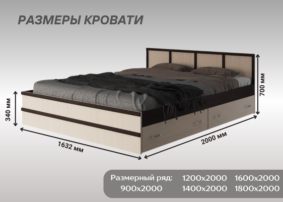 Кровать Сакура Баер 1,6м венге/лоредо с ящиками - фото 4 - id-p226668760