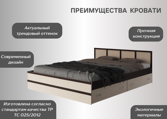 Кровать Сакура Баер 1,6м венге/лоредо с ящиками - фото 5 - id-p226668760