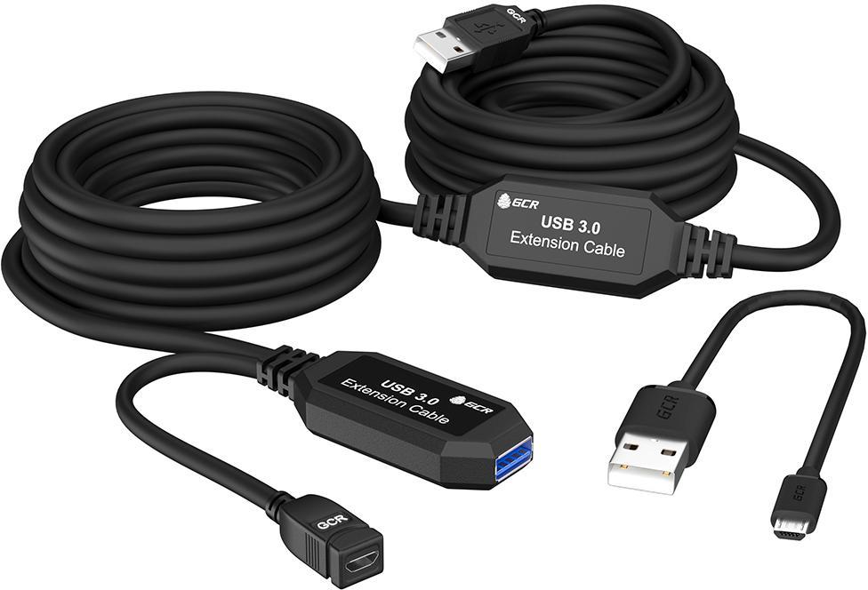 GCR Удлинитель активный 10.0m(5.0m + 5.0m) USB 3.0 AM/AF, черный, с 2-мя усилителями сигнала, доп.питание - фото 1 - id-p226668873