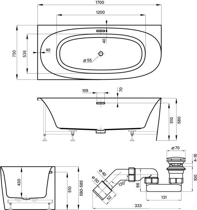 Пристенная акриловая ванна Wellsee Belle Spa 2.0 235805004, 170*75 см (левая), цвет белый глянец. Набор 4 в 1: - фото 2 - id-p225463850