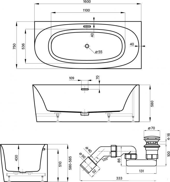 Пристенная акриловая ванна Wellsee Belle Spa 2.0 235803001, 160*75 см (правая), цвет белый глянец. Набор 4 в - фото 2 - id-p225463857