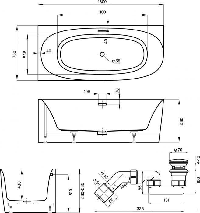 Пристенная акриловая ванна Wellsee Belle Spa 2.0 235802001, 160*75 см (левая), цвет белый глянец. Набор 4 в 1: - фото 2 - id-p225463861