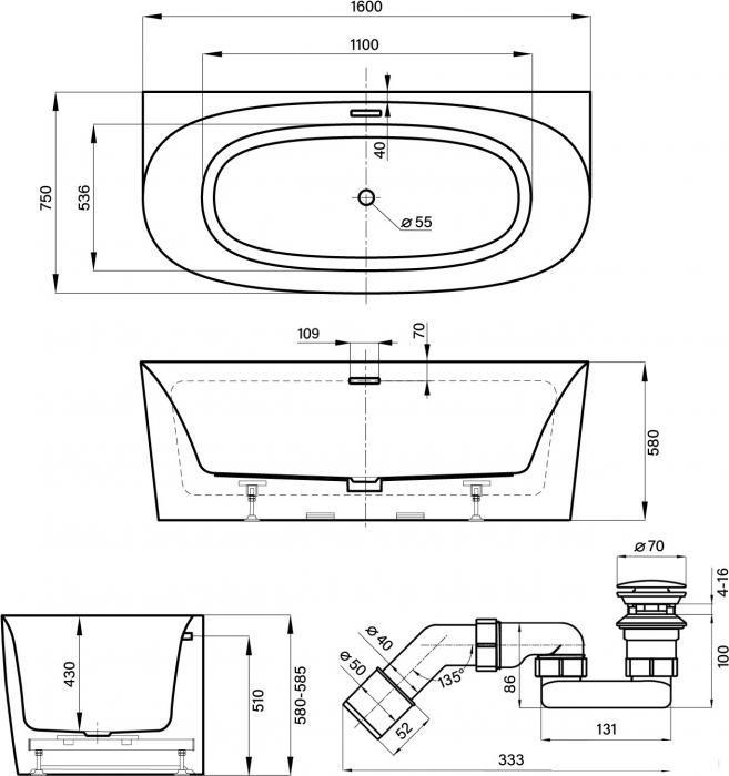 Пристенная акриловая ванна Wellsee Belle Spa 2.0 235801002, 160*75 см, цвет белый глянец. Набор 4 в 1: ванна - фото 2 - id-p225463864