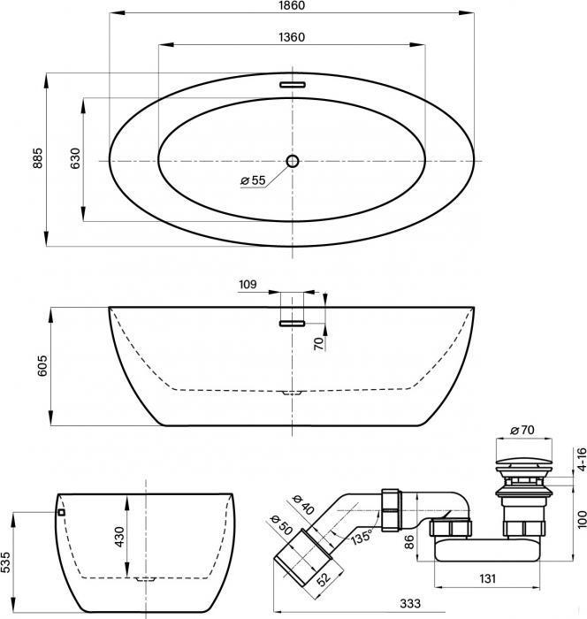 Отдельностоящая акриловая ванна Wellsee Grand Prix 235601001, 186*88,5 см, цвет белый глянец. Набор 4 в 1: - фото 2 - id-p225463881