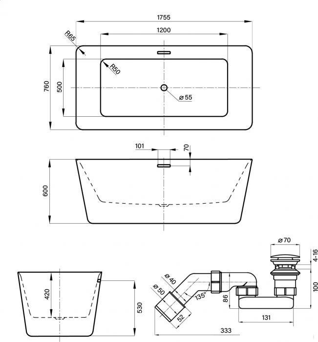 Отдельностоящая акриловая ванна Wellsee DeSire 231503003, 175,5*76 см, цвет белый глянец. Набор 4 в 1: ванна - фото 2 - id-p225463895