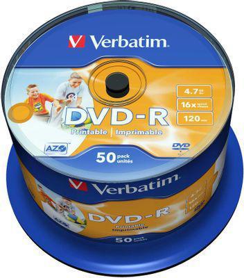 Оптический диск DVD-R VERBATIM 4.7Гб 16x, 50шт., cake box, printable [43533]