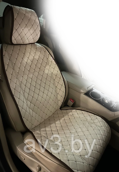 Накидка на переднее сиденье 1шт Алькантара, ALCANTRA бежевый+коричневый строчка РОМБ - фото 3 - id-p178669023