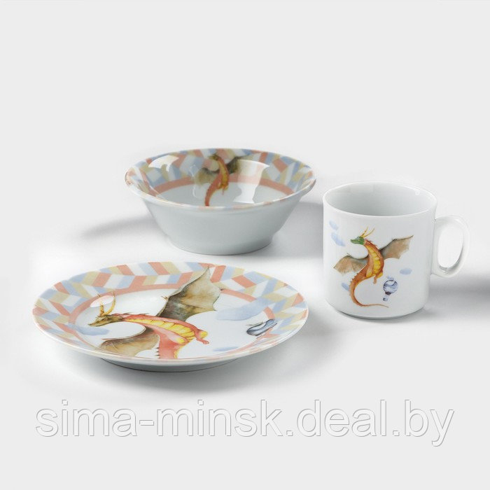 Набор фарфоровой посуды «Страна драконов», 3 предмета: кружка 200 мл, тарелка, салатник 360 мл, фарфор - фото 1 - id-p226716054