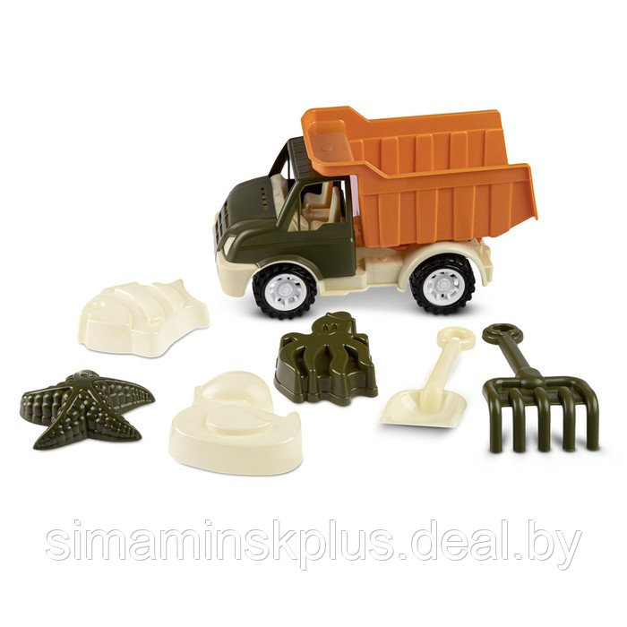 Песочный набор с грузовиком хаки-коричневый(лопатка и грабли 19см, 4 формочки) JB5300672 - фото 1 - id-p226737006