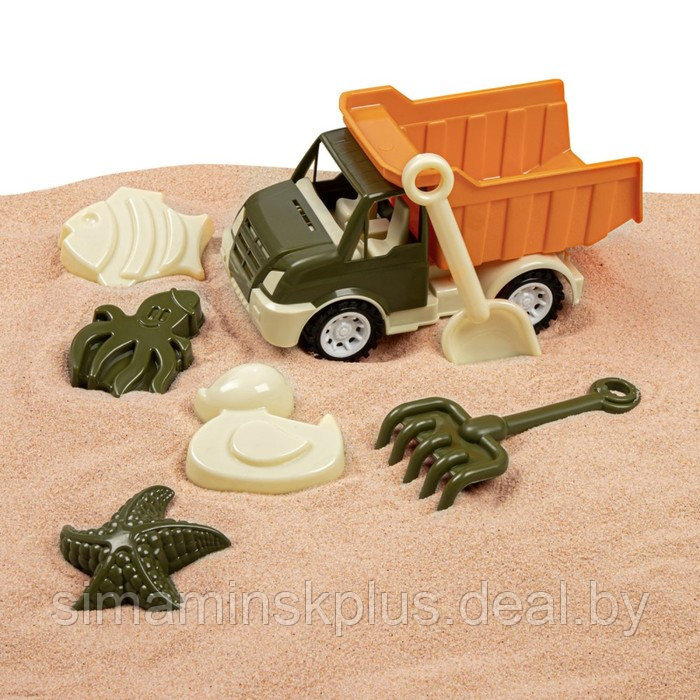 Песочный набор с грузовиком хаки-коричневый(лопатка и грабли 19см, 4 формочки) JB5300672 - фото 8 - id-p226737006