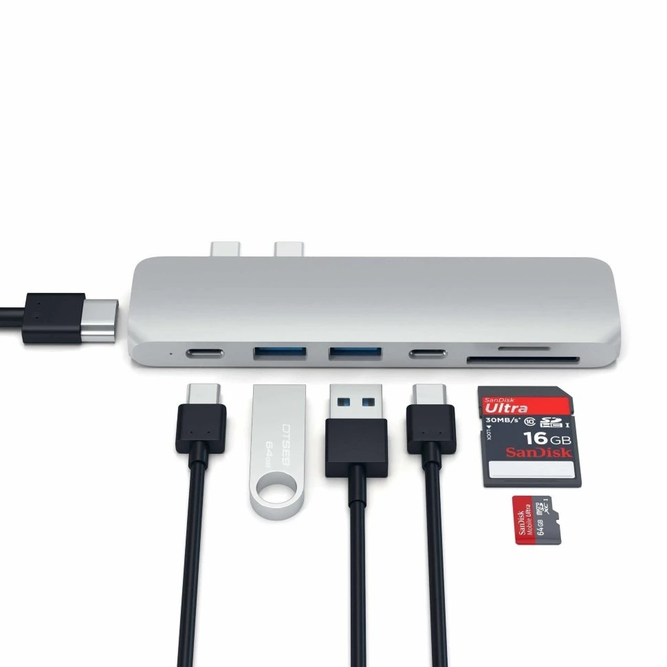 Хаб Satechi Aluminum Pro Hub для Macbook Pro (HDMI, Type-C Thunderbolt 3, SD, microSD, 2 x USB 3.0) Серебро - фото 3 - id-p226741240