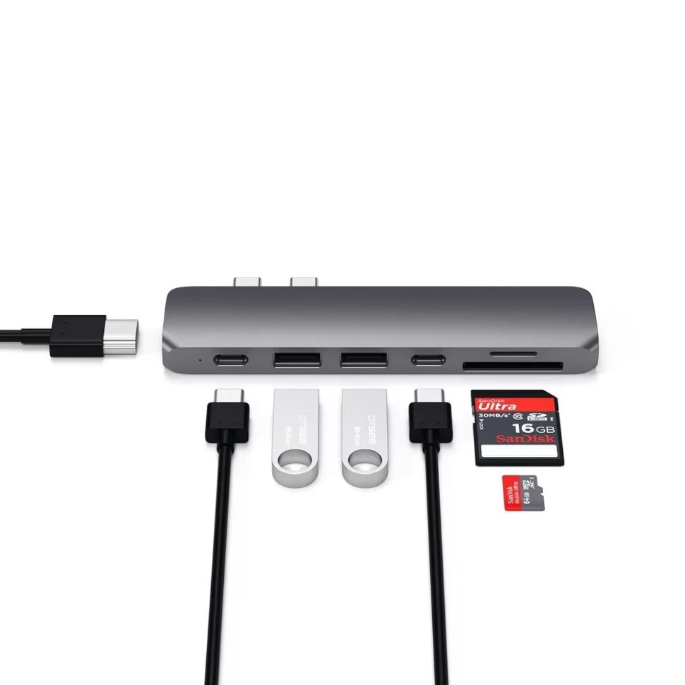 Хаб Satechi Aluminum Pro Hub для Macbook Pro (HDMI, Type-C Thunderbolt 3, SD, microSD, 2 x USB 3.0) Серебро - фото 9 - id-p226741240