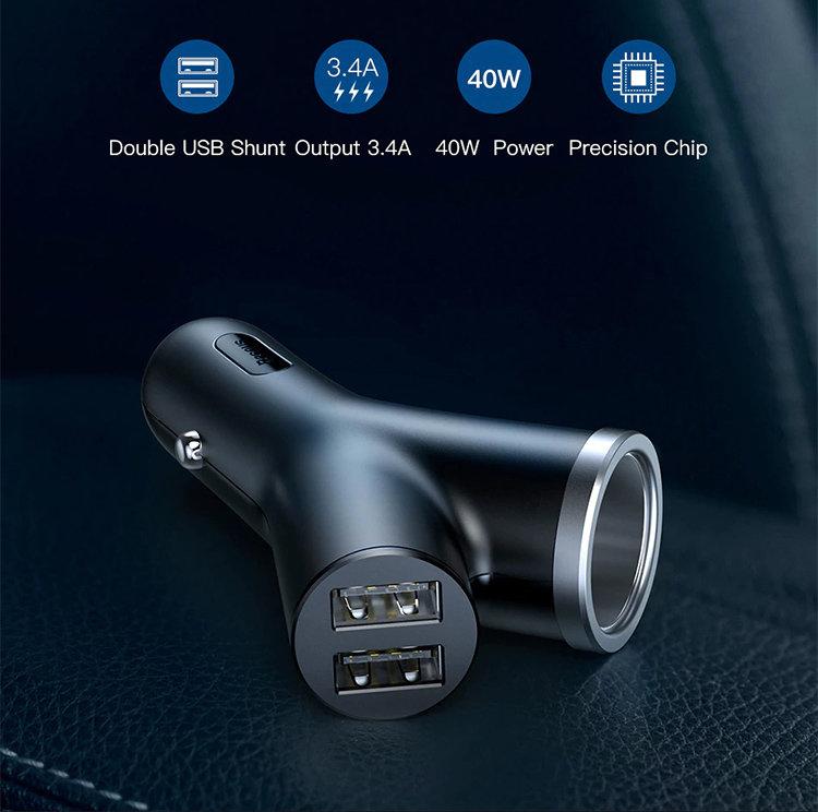 Автомобильное зарядное устройство двойное Baseus Y-Type Dual USB Чёрная - фото 3 - id-p226740333