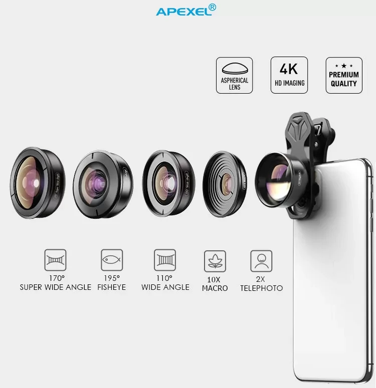 Комплект объективов Apexel 5-in-1 HB5 для смартфона - фото 2 - id-p226738537