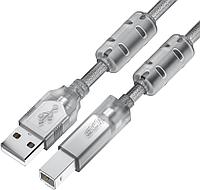 GCR Кабель PROF 1.5m USB 2.0, AM/BM, прозрачный, ферритовые кольца, 28/24 AWG, экран, армированный,