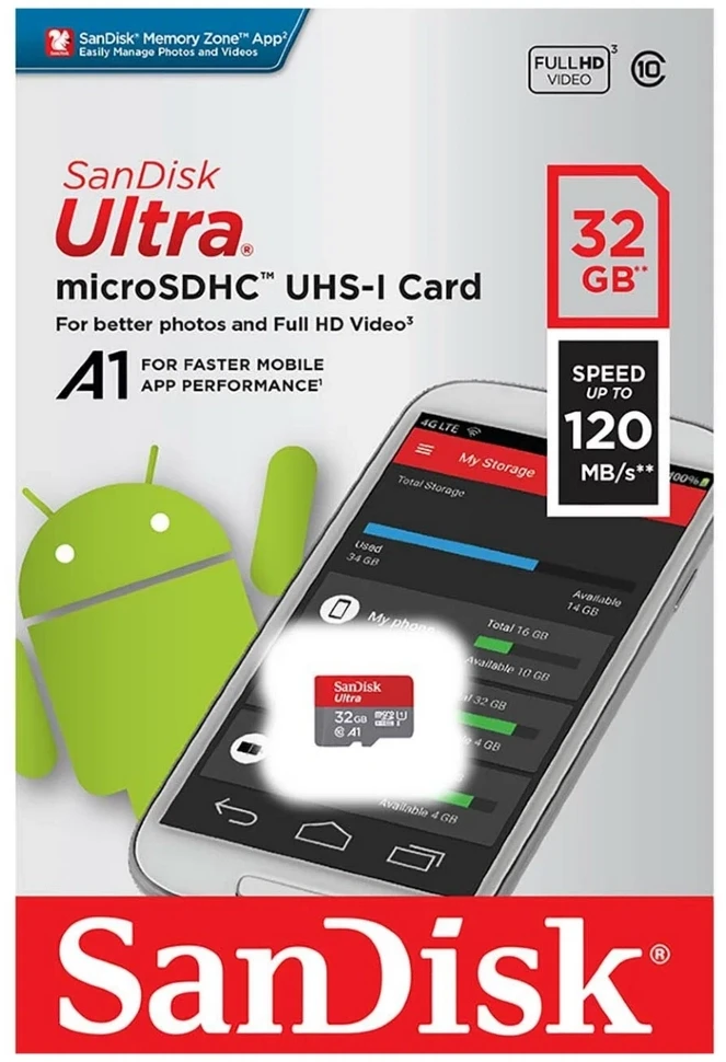 Карта памяти SanDisk 32GB Ultra microSDHC A1, UHS-I Class 1 (U1), Class 10 - фото 2 - id-p226761563