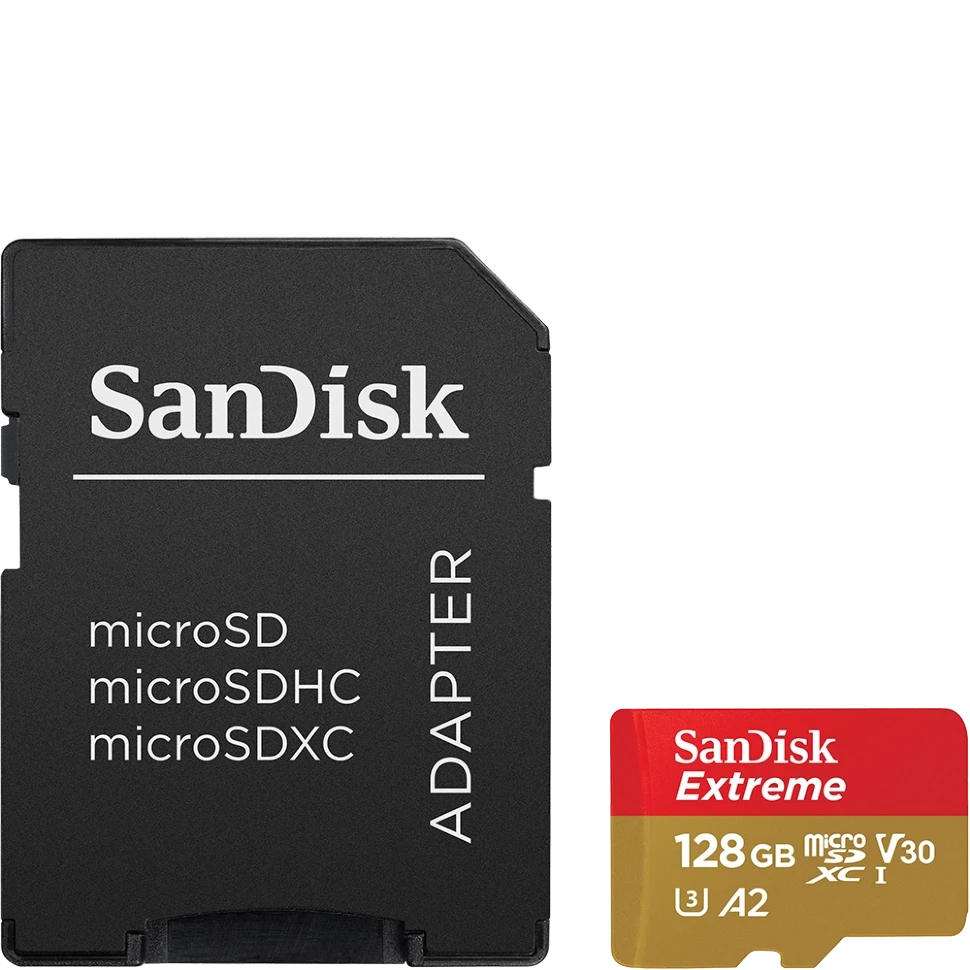 Карта памяти SanDisk Extreme microSDXC A2 C10 V30 UHS-I U3 128GB для экшн камер и дронов + SD Adapter - фото 1 - id-p226761575