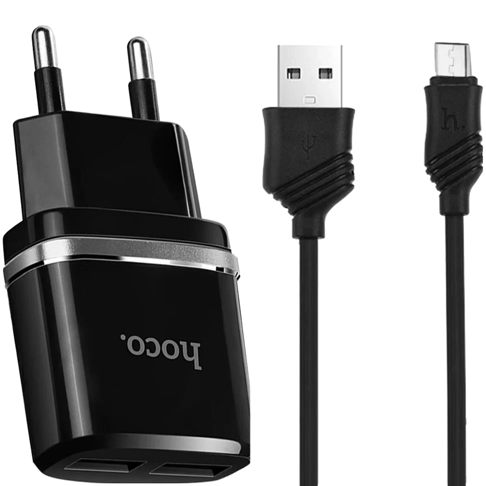 Сетевой адаптер HOCO C12 Smart Чёрный + кабель MicroUSB 1м