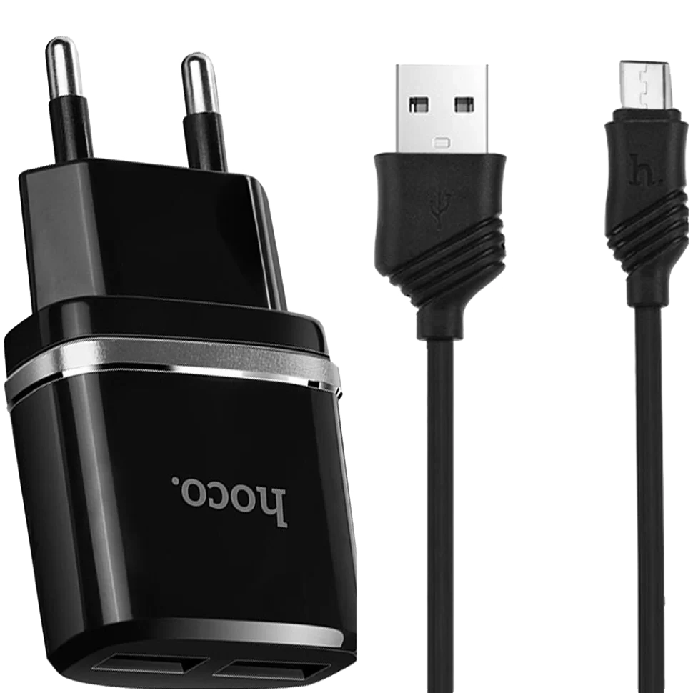 Сетевой адаптер HOCO C12 Smart Чёрный + кабель MicroUSB 1м - фото 1 - id-p226740653