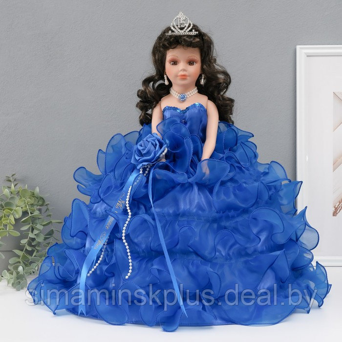Кукла коллекционная зонтик керамика "Леди в синем платье с розой, в тиаре" 45 см - фото 1 - id-p226764733