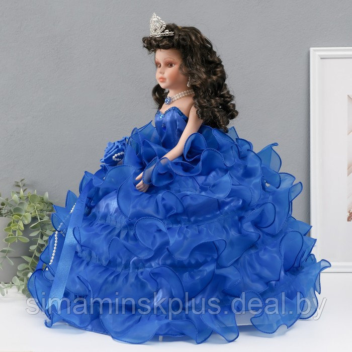Кукла коллекционная зонтик керамика "Леди в синем платье с розой, в тиаре" 45 см - фото 2 - id-p226764733