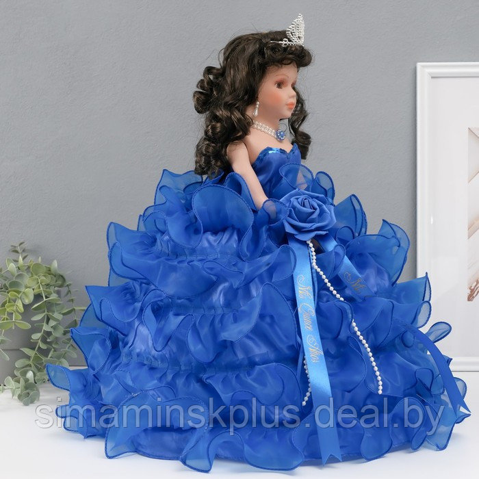 Кукла коллекционная зонтик керамика "Леди в синем платье с розой, в тиаре" 45 см - фото 3 - id-p226764733