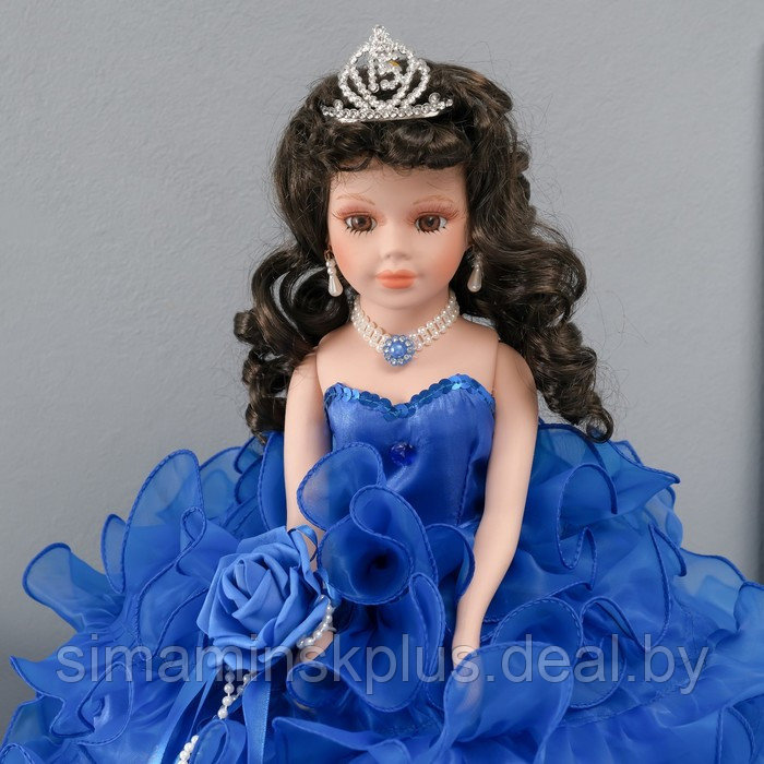 Кукла коллекционная зонтик керамика "Леди в синем платье с розой, в тиаре" 45 см - фото 5 - id-p226764733