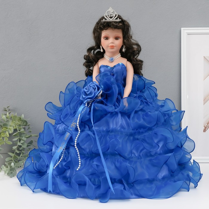 Кукла коллекционная зонтик керамика "Леди в синем платье с розой, в тиаре" 45 см - фото 1 - id-p226776214