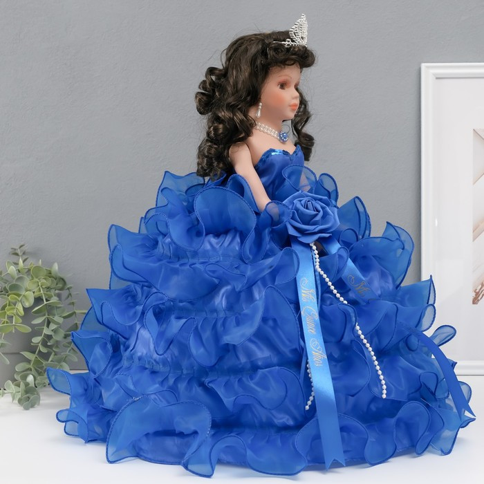 Кукла коллекционная зонтик керамика "Леди в синем платье с розой, в тиаре" 45 см - фото 3 - id-p226776214