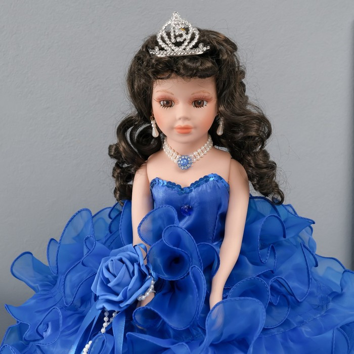 Кукла коллекционная зонтик керамика "Леди в синем платье с розой, в тиаре" 45 см - фото 5 - id-p226776214
